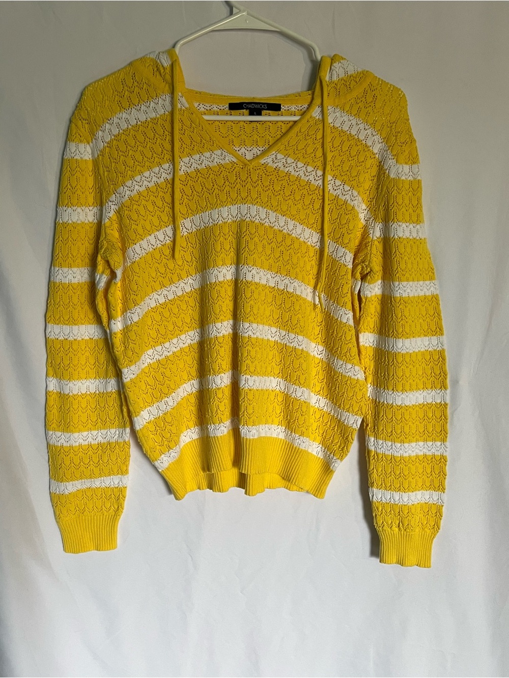 Chadwicks Yellow & White Striped V-Neck Hooded Sweater